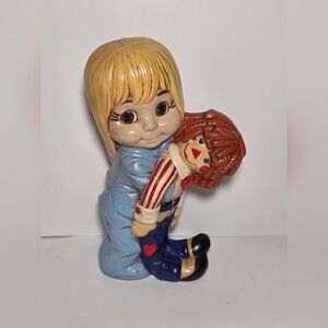 Vintage 1974 Hand Painted Ceramic Big Eye Girl Raggedy Andy - Nursery Decor